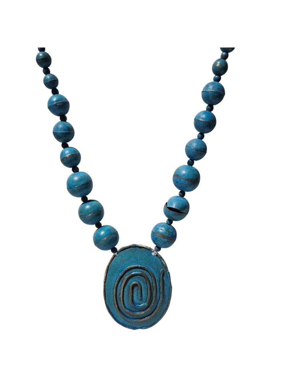 Vintage Handcrafted Beaded Necklace Spiral Pendant Blue Chunky Statement Jewelry